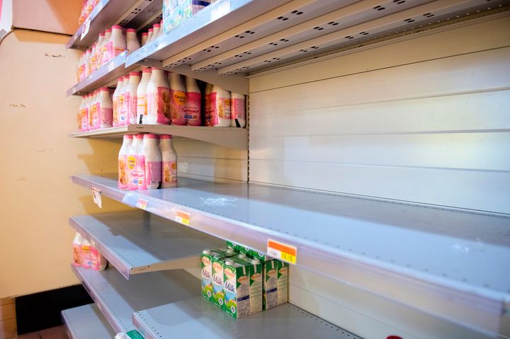 Empty shelves at a supermarket in Marigot, on the French overseas island of Saint Martin 