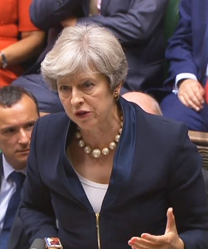 Prime Minister Theresa May speaks during Prime Minister's Questions in the House of Commons, London.