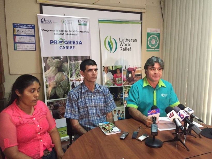 Brenda Manzanares (far left), the Nicaraguan finalist in the Cocoa of Excellence competition at a press conference in Managua