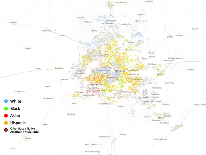 On this map, each person in Houston is represented by a single dot smaller than a pixel. Each dot is colored according to the race of that person. Data come from the 2010 US Census. White people tend to live on the west side of the city, while black and hispanic people tend to live on the east side. 