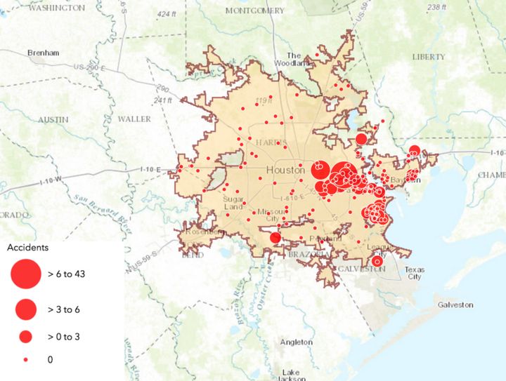 The red dots represent serious accidents at industrial facilities in Houston between 2012 and 2016. Accidents tend to cluster around low-income communities on the east side of the city. 
