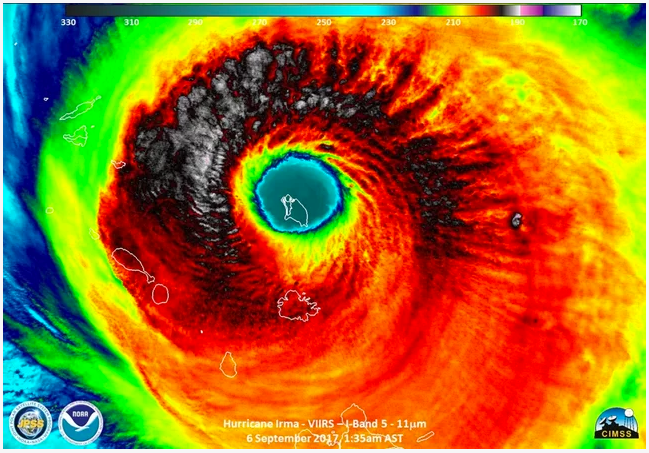 NOAA captured this image of historic Hurricane Irma on Sept. 6 as it engulfed Barbuda, apparently on its way to the U.S. mainland. Because warm water gives hurricanes added power, oceans affected by global warming are said to be contributing to more severe storms. 