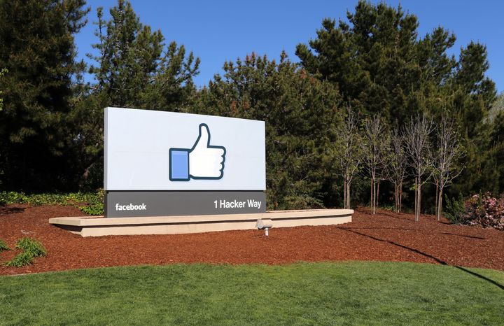 A sign at the entrance to the Facebook World Headquarters located in Menlo Park