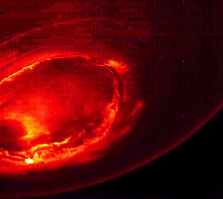 Infrared image of the southern aurora of Jupiter, as captured by NASA's Juno spacecraft.
