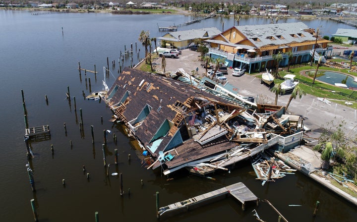 An aerial photo shows damage caused by Hurricane Harvey in Rockport, Texas, U.S., Aug. 31, 2017. 