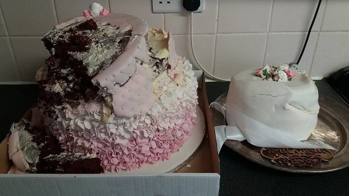 The cake, baked and decorated by the bride, got destroyed during the car ride to the wedding venue.