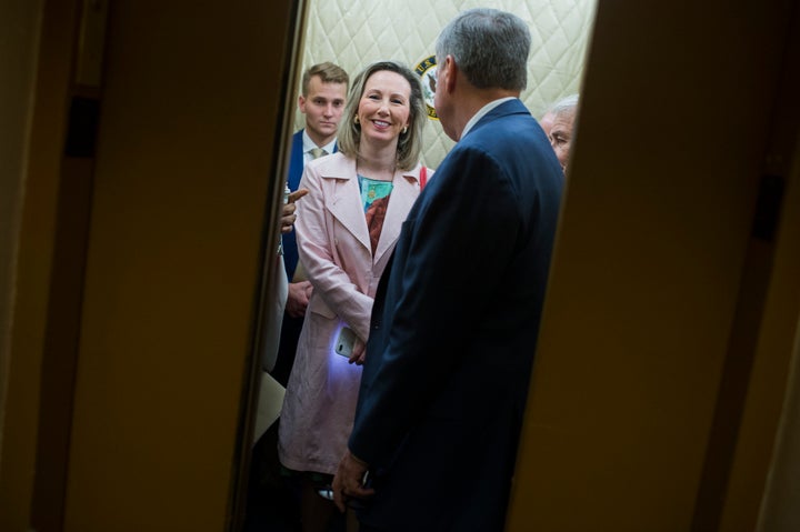 Rep. Barbara Comstock (R-Va.) leaves a meeting of the House Republican conference in the Capitol on July 25, 2017.