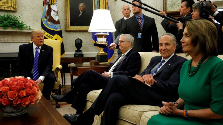 President Donald Trump meets with, from left to right, Sen. Mitch McConnell (R-Ky.), Sen. Chuck Schumer (D-N.Y.) and Rep. Nancy Pelosi (D-Calif.) on Wednesday, Sep. 6, 2017.