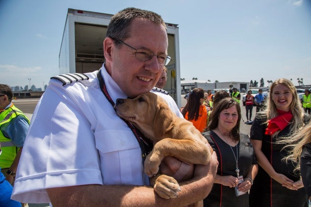 A pilot cradles a puppy during a rescue mission taking Harvey-hit animals to San