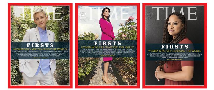 Three of the Time "FIRSTS" covers, featuring Ellen Degeneres, Nikki Haley and Ava DuVernay.