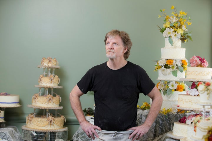 Jack Phillips stands before a display of his wedding cakes at the Masterpiece Cakeshop in September 2016.