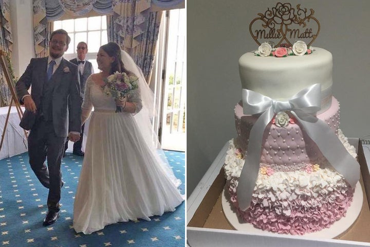 On the left, a photo of the newlyweds. On the right, a photo of the original cake before it collapsed.