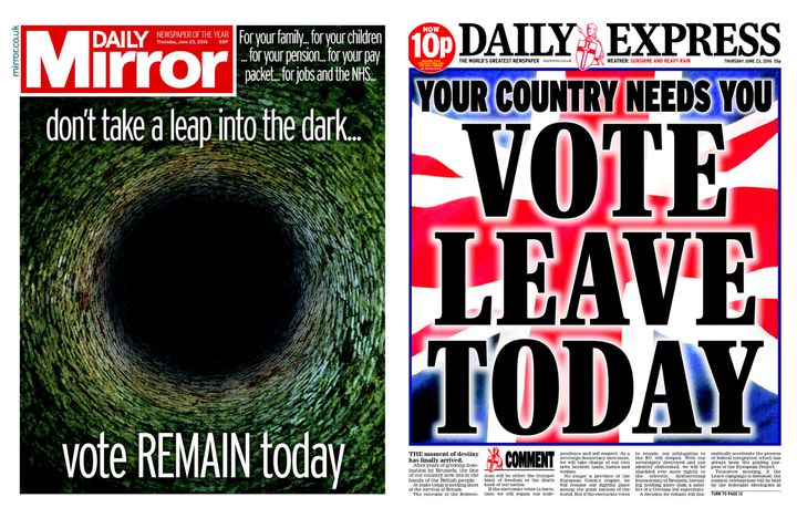 The front pages on the day of the Brexit vote called for opposite votes