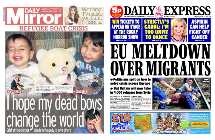 The papers' front pages couldn't have been more different at the height of the refugee crisis