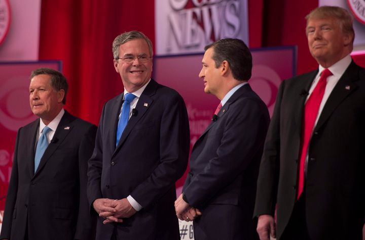 A February 2016 debate among Republican candidates, all of whom Trump ultimately defeated despite the persistent expectation his bubble would burst.L-R John Kasich, Jeb Bush, Ted Cruz and Donald Trump 