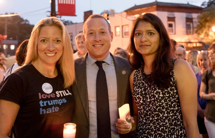 Vigil for Charlottesville in Glen Rock, New Jersey From left: President of Women for Progress, Erin Chung, U.S. Representative (NJ) Josh Gottheimer, Glen Rock Council Candidate & co-founder of Glen Rock After the March, Arati Sadalge Kreibich 