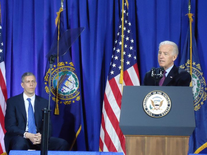 U.S. Vice President Joe Biden, flanked by U.S. Secretary of Education Arne Duncan, announces the Title IX “Dear Colleague Letter”. The University of New Hampshire, Durham, NH, April 4, 2011.