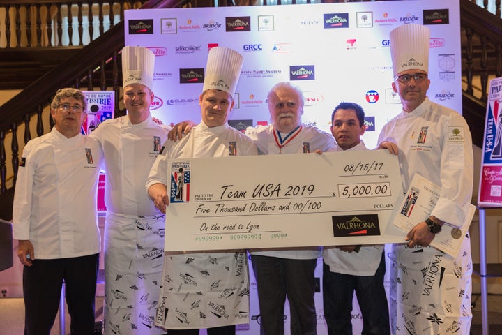 Team USA for the 2019 Coupe du Monde de la Pâtisserie, left to right: Gilles Renusson Club President, Jordan Snider team alternate, Nicolas Chevrieux team sugar artist, Gabriel Paillasson Coupe du Monde Founder, Victor Dagatan team ice sculptor, and Olivier Saintemarie team chocolate artist 