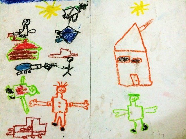 A drawing by a Syrian child depicting what life was life before the crisis and what life is like now in Syria.
