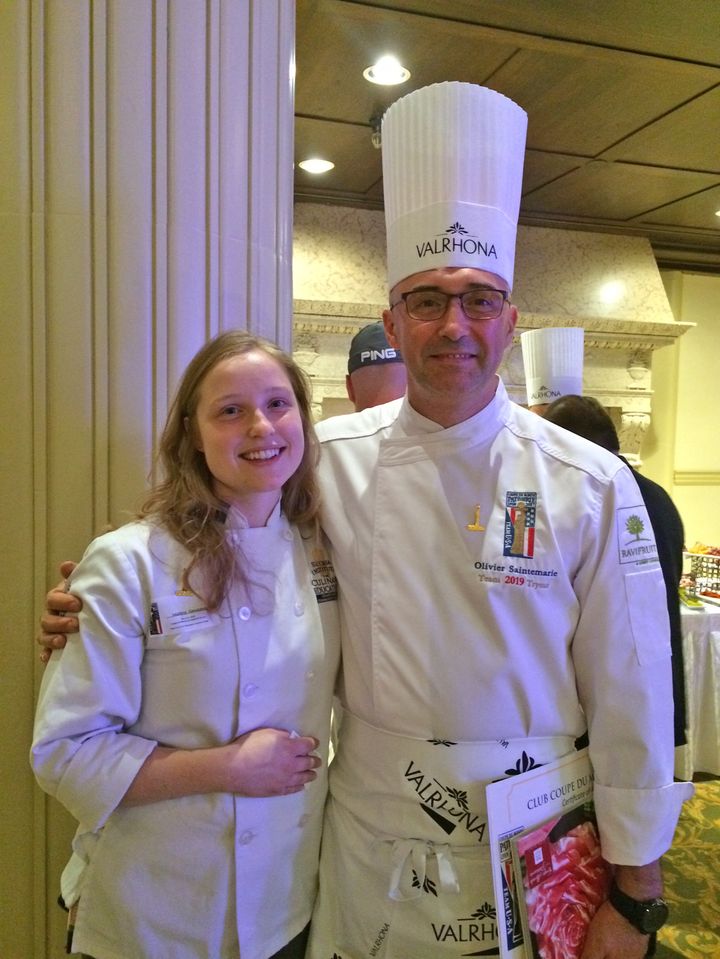 <p>Madeline Hamacher and Olivier Saintemarie at the Coupe du Monde trials awards ceremony. “I felt so proud when they called chef Olivier’s name,” said Madeline. “It was a moment of glorious happiness!”</p>