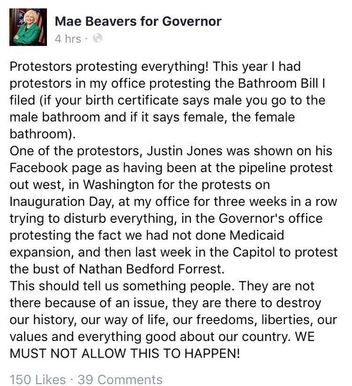Screenshot of now deleted post from official Mae Beavers for Governor Facebook page. Original post September 3, 2017. 