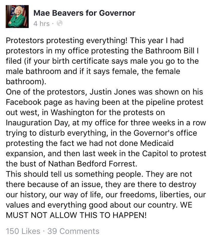 Screenshot of now deleted post from official Mae Beavers for Governor Facebook page. Original post September 3, 2017.
