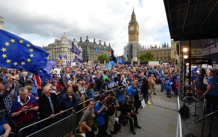 Protesters in Parliament Square during a pro-EU People's March For Europe in London on Saturday