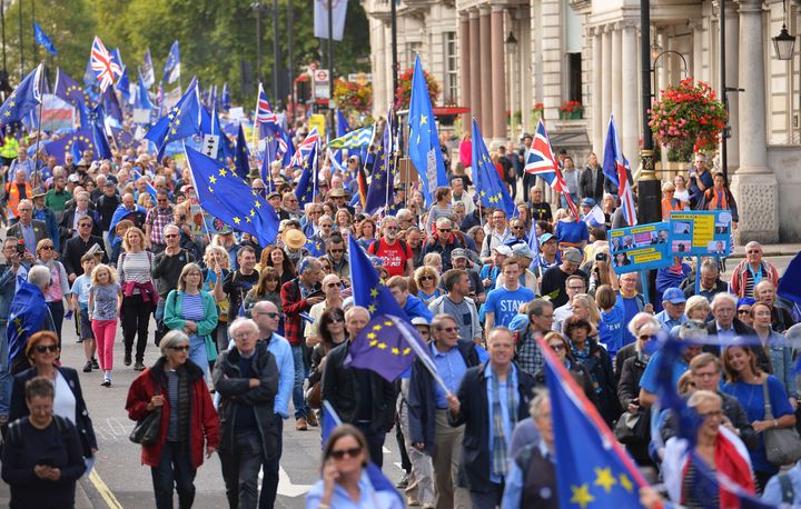 Protesters make their way along Piccadilly during of a pro-EU People's March
