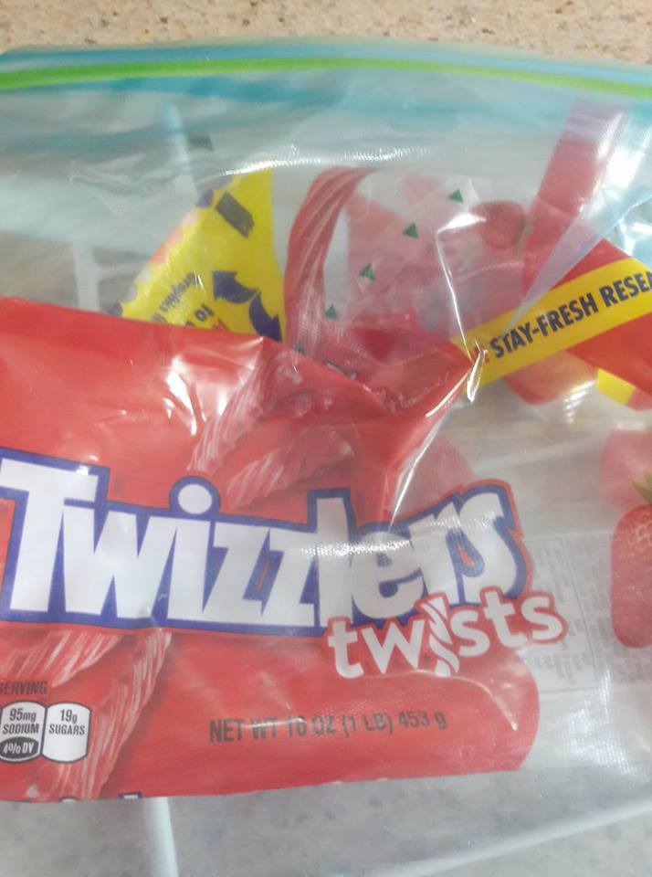 One bag of Twizzlers already gone.