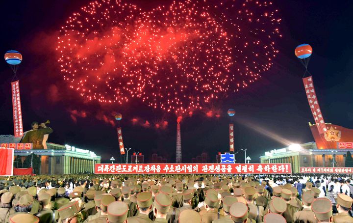 Pyongyang city civilians celebrate in this undated photo released by North Korea this week