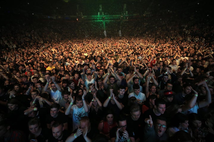 The crowd during the We Are Manchester benefit show, amid heightened security at the reopening of the Manchester Arena tonight for the first time since the terror attack.