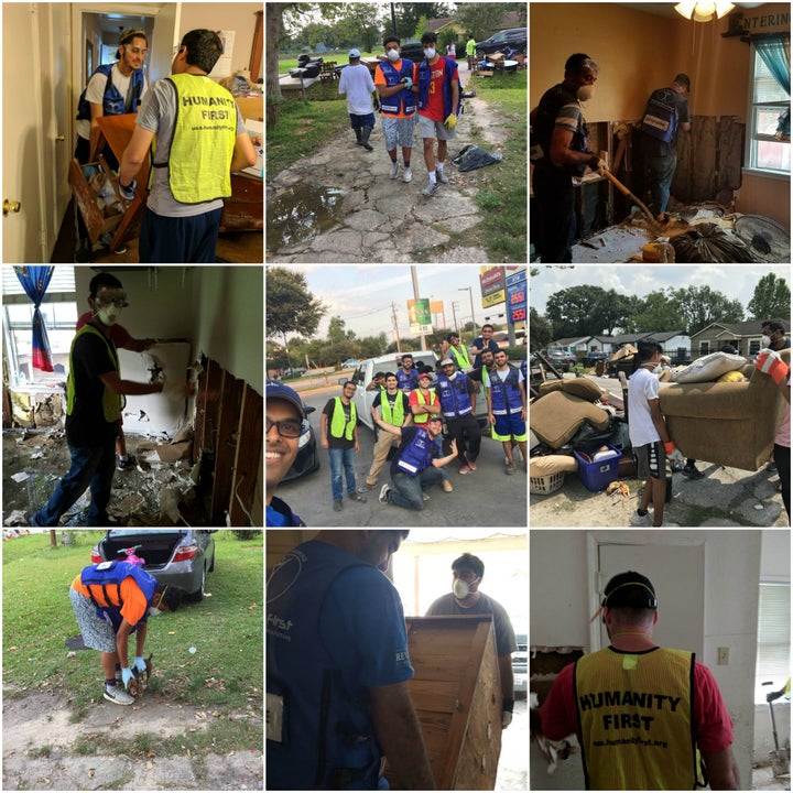 Members of the Ahmadiyya Muslim Youth Association (AMYA) in partnership with Humanity First volunteering in Houston neighborhoods helping residents clean up and prevent further damage to their homes. 