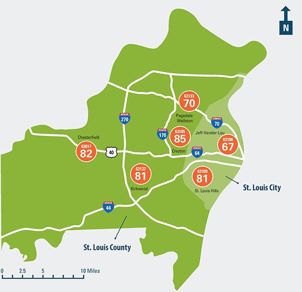 Life expectancy at birth for St. Louis residents in various zip codes.