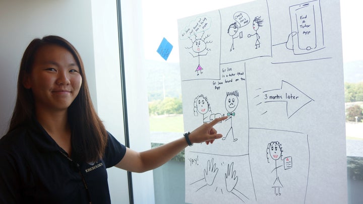 <p>A West Point cadet presents her team’s design concept at a workshop taught by the authors, August 2017</p>