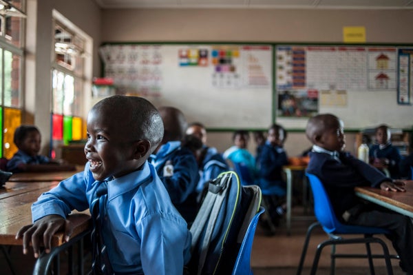 First grade students of Finetown Primary School are seen during the first day of the school year in Johannesburg.