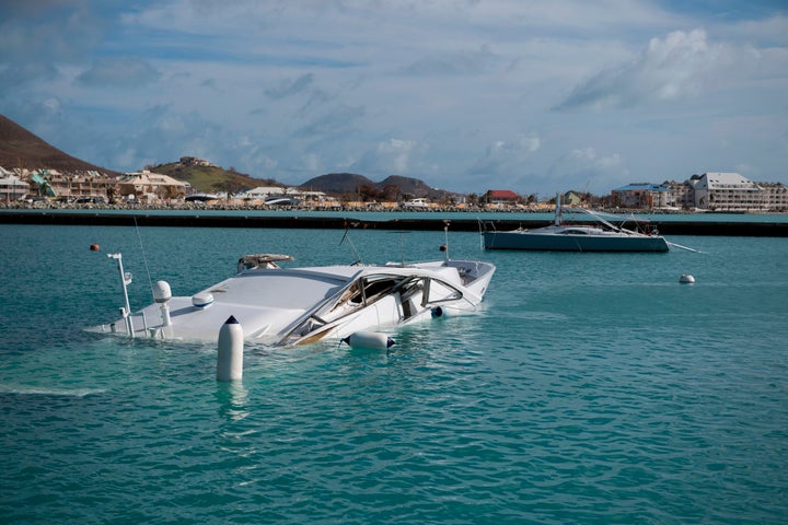 Submerged boats are seen at the Fort Louis Marina in Marigot September 8, 2017 on the island of St. Martin.