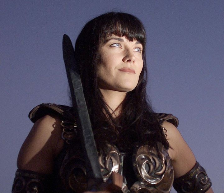 Actress Lucy Lawless playing the character "Xena" while filming for the last episode of "Xena, the Warrior Princess."