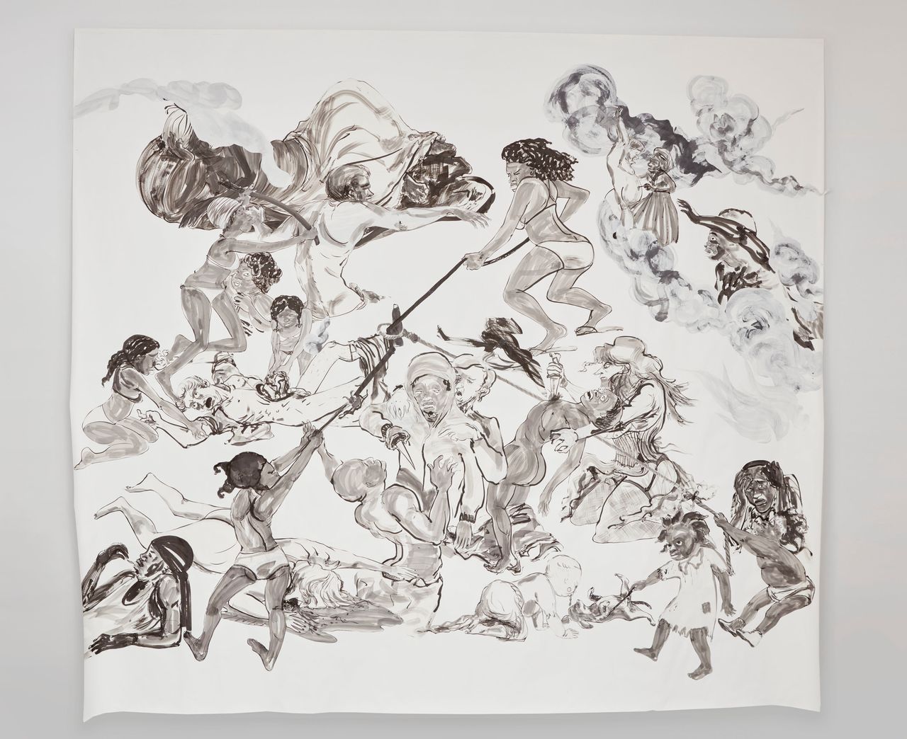 Kara Walker, "The Pool Party of Sardanapalus (after Delacroix, Kienholz)," 2017, Sumi ink and collage on paper, 126.5 by 140 inches.
