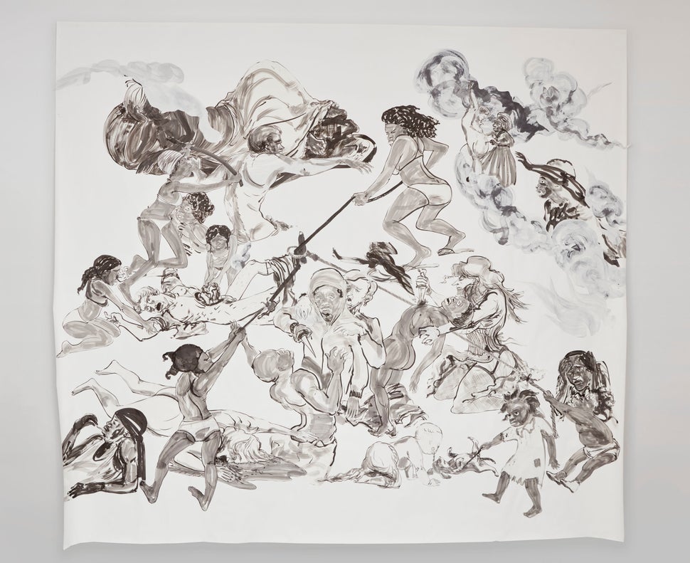 Kara Walker, "The Pool Party of Sardanapalus (after Delacroix, Kienholz)," 2017, Sumi ink and collage on paper, 126.5 by 140