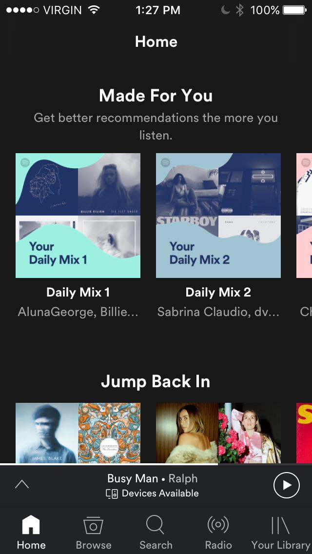 Modern navigation used by the <a rel="nofollow" href="https://www.spotify.com/us/free/" target="_blank">Spotify</a> app.