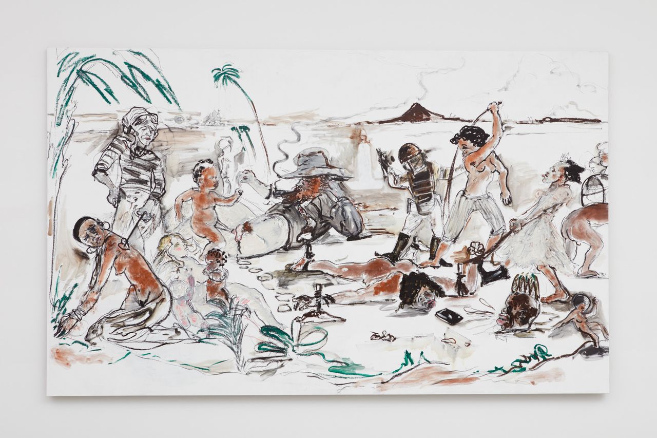 Kara Walker, "Brand X (Slave Market Painting)," 2017. Oil stick on canvas, 125 by 127.5 inches.