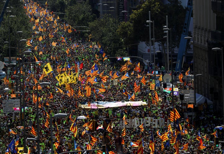 Thousands of people gather for a rally on the regional national day 'La Diada' (National Day of Catalonia) in Barcelona, Spai