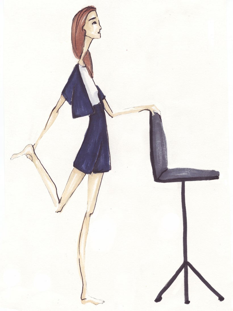 <em>Chair Dancer Pose stretches your quads and requires concentration and balance, which will give your mind a break from str