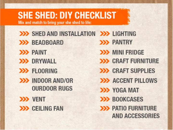 “She shed” filler suggestions from the Home Depot website