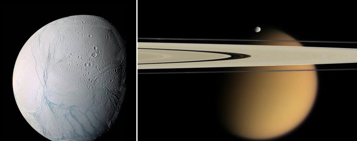 <p>Saturn’s moon <a href="https://www.jpl.nasa.gov/news/news.php?feature=738" target="_blank" role="link" rel="nofollow" class=" js-entry-link cet-external-link" data-vars-item-name="Enceladus" data-vars-item-type="text" data-vars-unit-name="59b68776e4b0c50640cd6905" data-vars-unit-type="buzz_body" data-vars-target-content-id="https://www.jpl.nasa.gov/news/news.php?feature=738" data-vars-target-content-type="url" data-vars-type="web_external_link" data-vars-subunit-name="article_body" data-vars-subunit-type="component" data-vars-position-in-subunit="3">Enceladus</a> (left) and <a href="https://saturn.jpl.nasa.gov/resources/3794/" target="_blank" role="link" rel="nofollow" class=" js-entry-link cet-external-link" data-vars-item-name="Titan " data-vars-item-type="text" data-vars-unit-name="59b68776e4b0c50640cd6905" data-vars-unit-type="buzz_body" data-vars-target-content-id="https://saturn.jpl.nasa.gov/resources/3794/" data-vars-target-content-type="url" data-vars-type="web_external_link" data-vars-subunit-name="article_body" data-vars-subunit-type="component" data-vars-position-in-subunit="4">Titan </a>(right, pictured behind the rings and smaller moon Epimetheus). </p>
