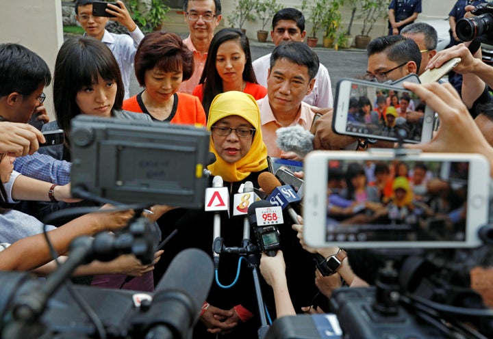 Halimah Yacob, speaks to the media at the Elections Department in Singapore September 11, 2017. 