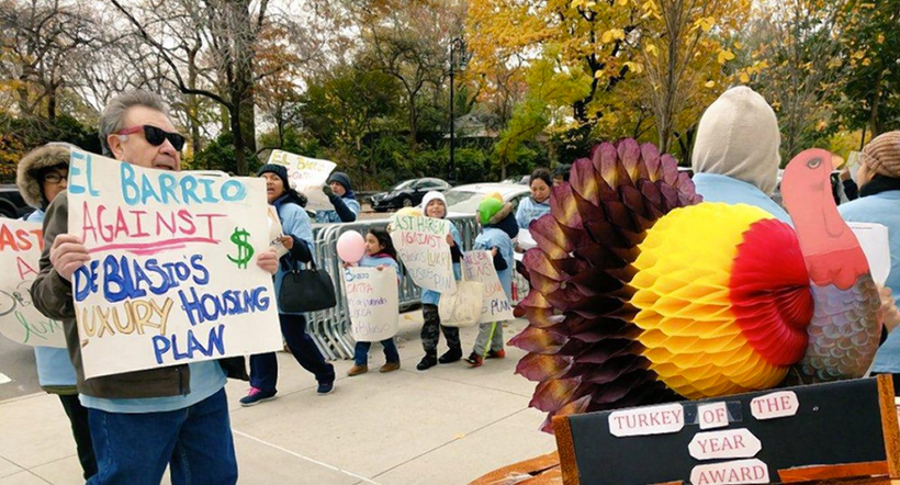 East Harlem tenants and immigrants protest Mayor de Blasio outside Gracie Mansion.