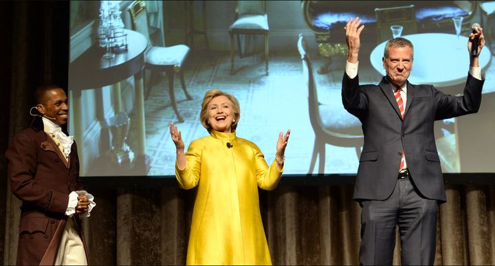 De Blasio and Hillary Clinton with a member of Hamilton the musical