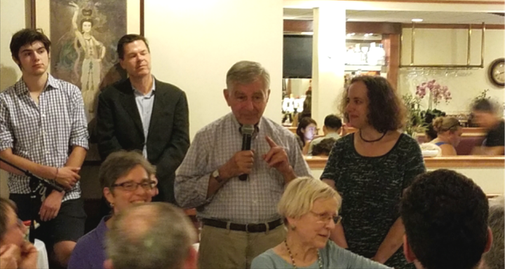 <p>Michael Dukakis with Brookline (Mass.) Democratic Town Committee Chair Cindy Rowe</p>