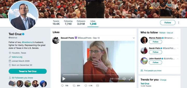 A screenshot showing a "like" in Ted Cruz's Twitter account for a porn video. 